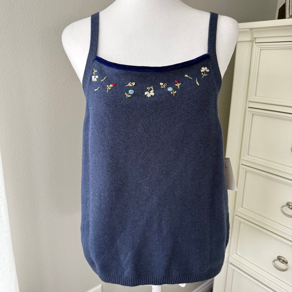 Liz Claiborne Navy Blue Embroidered Floral Velvet Trim Knit Tank Top Women's L